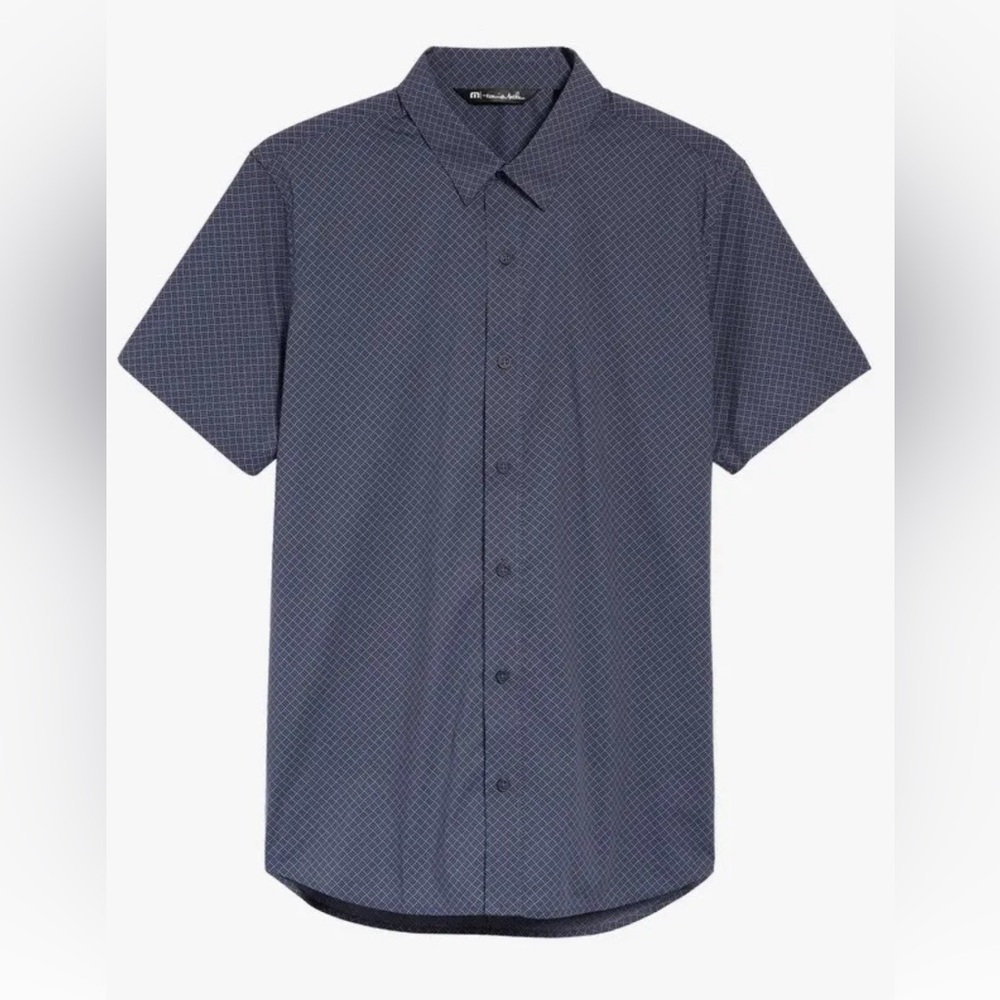 Travis Mathew Annual Champ Short Sleeve Button Up Heather Blue Nights M